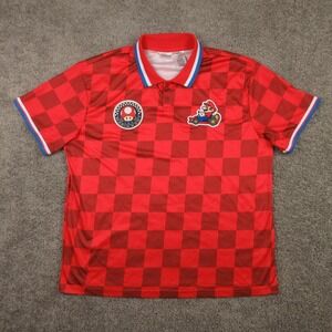 Mario Kart Polo Shirt Mens L Red Checkered Mushroom Up Jersey Racing Nintendo